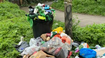 Vuilnisbak met plasticflessen in kwestie