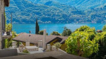 Het uitzicht van het huisje aan het Comomeer.