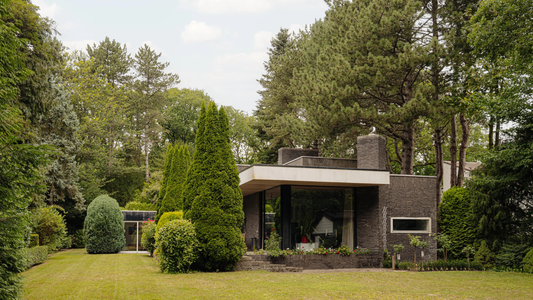 Een designvilla omringd door veel groen.