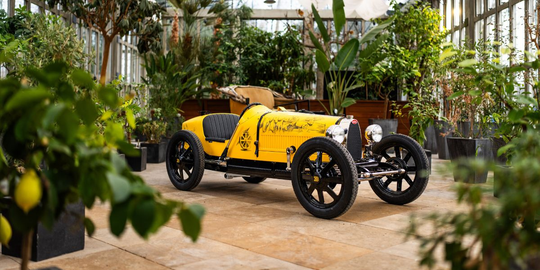 De Bugatti Baby II gefotografeerd in een tuinkas met citroenen en groene bladeren