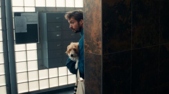 Een man die om het hoekje kijkt, met een hond in zijn armen.