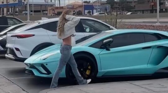 De vrouw naast haar Lamborghini Aventador S.