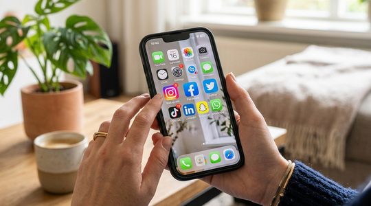 Een iPhone met sociale media waar mogelijk een maximale schermtijd voor komt.