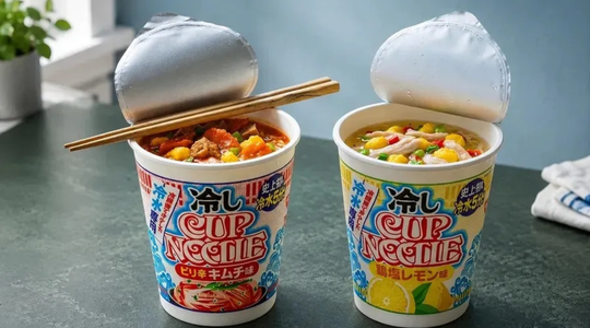 2 soorten koude cup noodles van nissin, lemon pepper en kimchi smaak